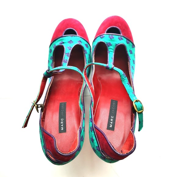 MARC JACOBS Canvas Floral Print Pumps Teal Red Adjustable Almond Toe SZ 9 Retro - Picture 4 of 10